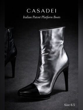 Casadei Black Patent Leather Platform Ankle Boots Size 6.5 Italy